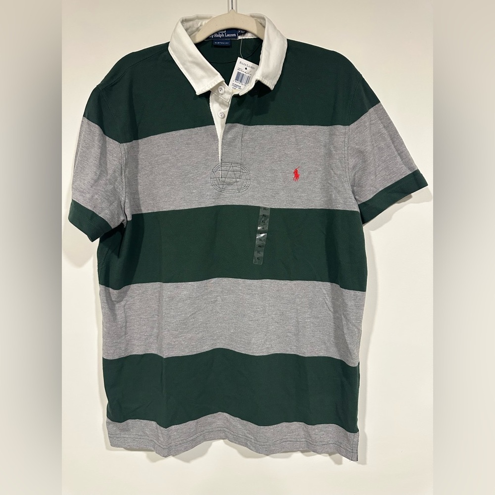 NWT Polo Ralph Lauren Custom Fit Rugby Polo Shirt Men's XL Green Grey Stripe